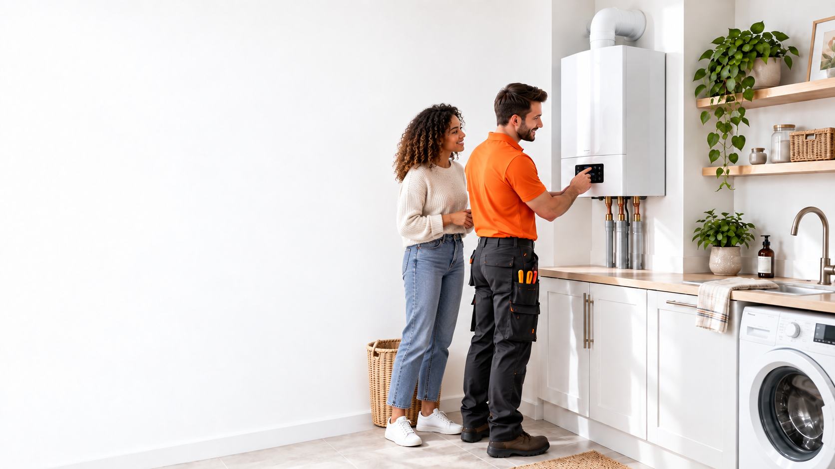 Gas Safe engineer checking a boiler with a homeowner
